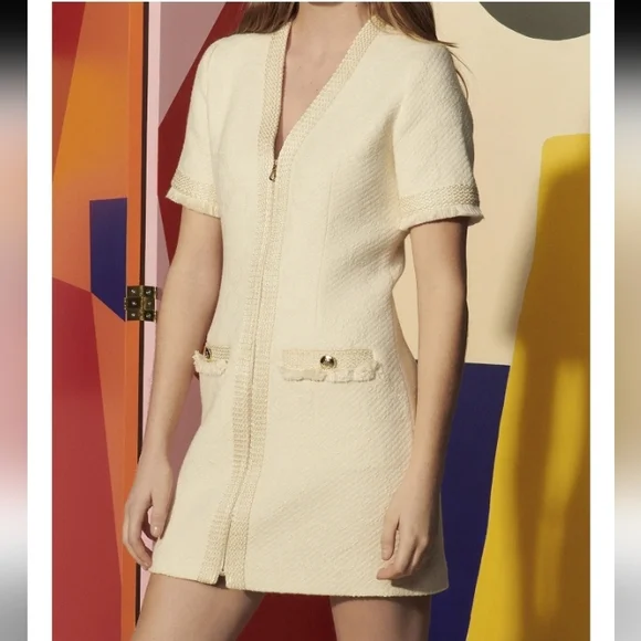Sandro Tweed Dress Double S Jacquard Ecru Size 4